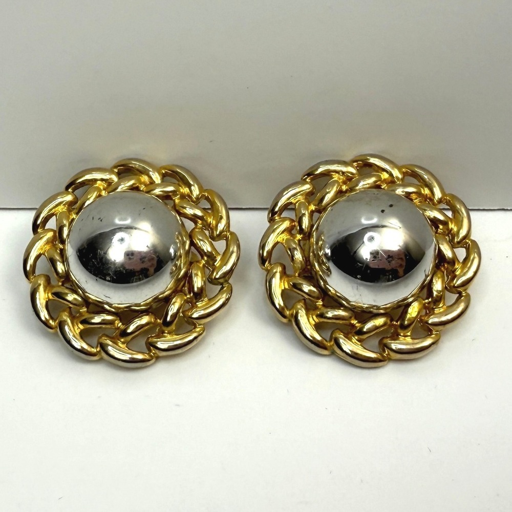 VTG Two Tone Ball Clip On Earrings Classic Silver and Gold Statement Jewelry